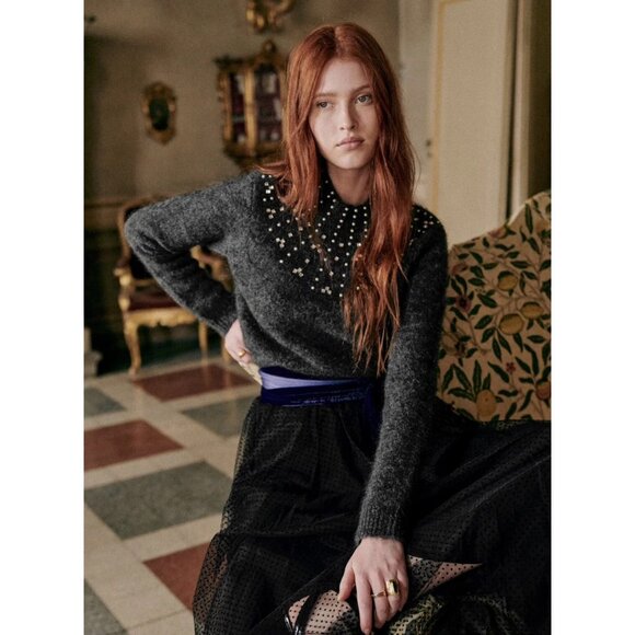 EUC Sezane Regina Rhinestone Pearl Mohair Wool Sweater Charcoal Small - Picture 2 of 9